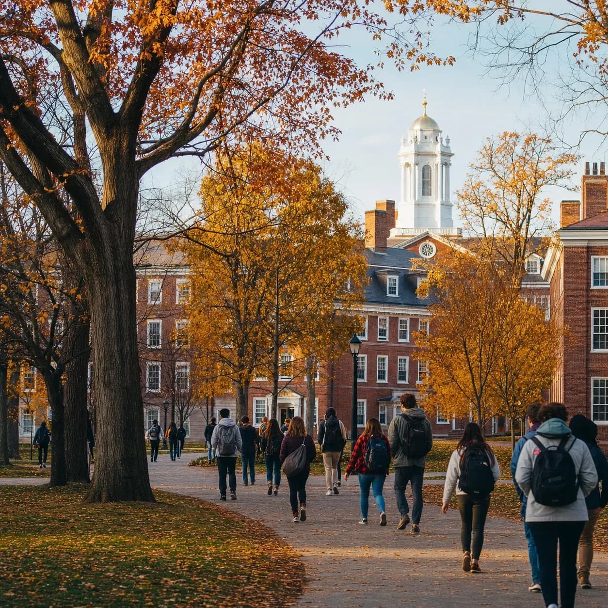 Harvard University 哈佛大學的寫實校園景緻，學生在建築前漫步