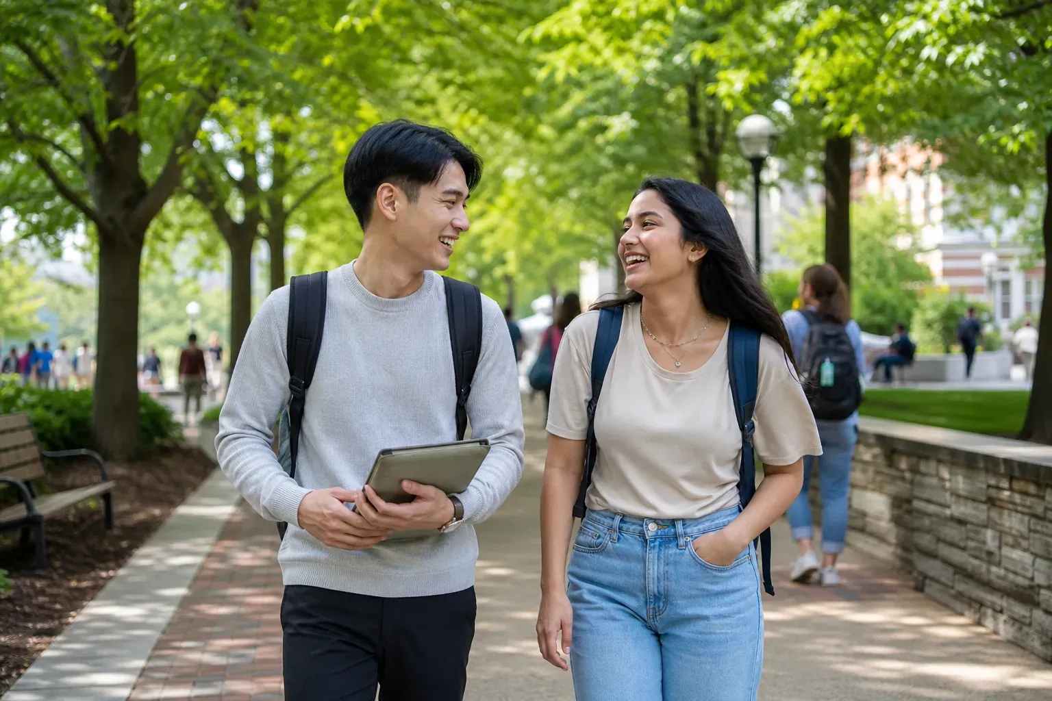 兩位留學生背著背包在綠意盎然的大學校園步道上漫步與歡笑