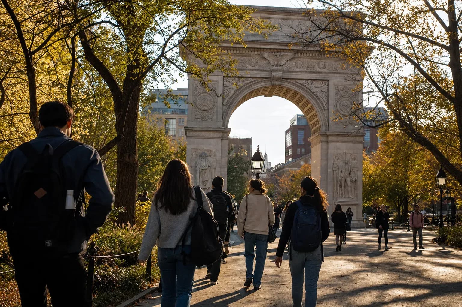 New York University 紐約大學的寫實校園景緻，學生在建築前漫步