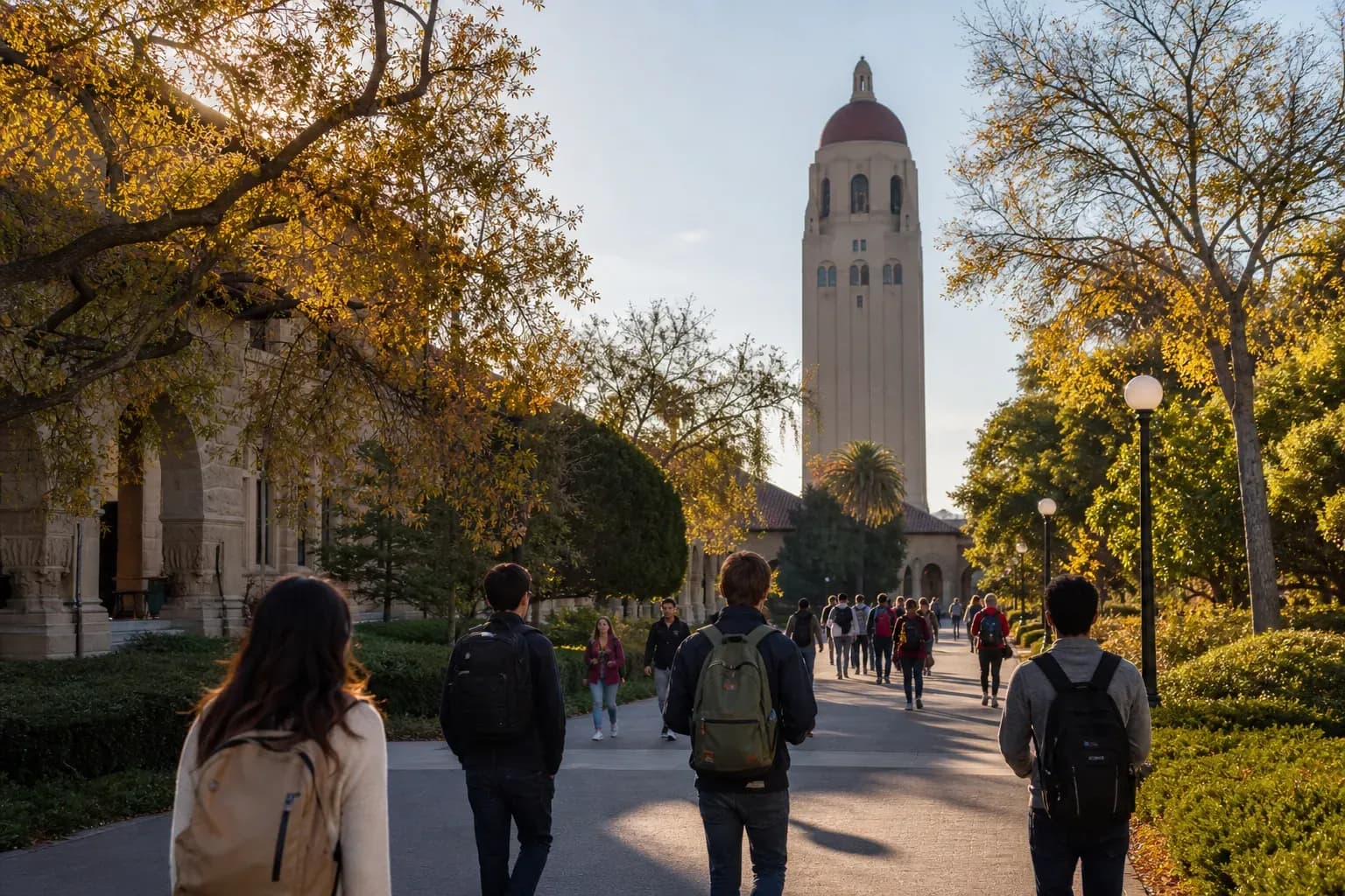Stanford University 史丹佛大學的寫實校園景緻，學生在建築前漫步