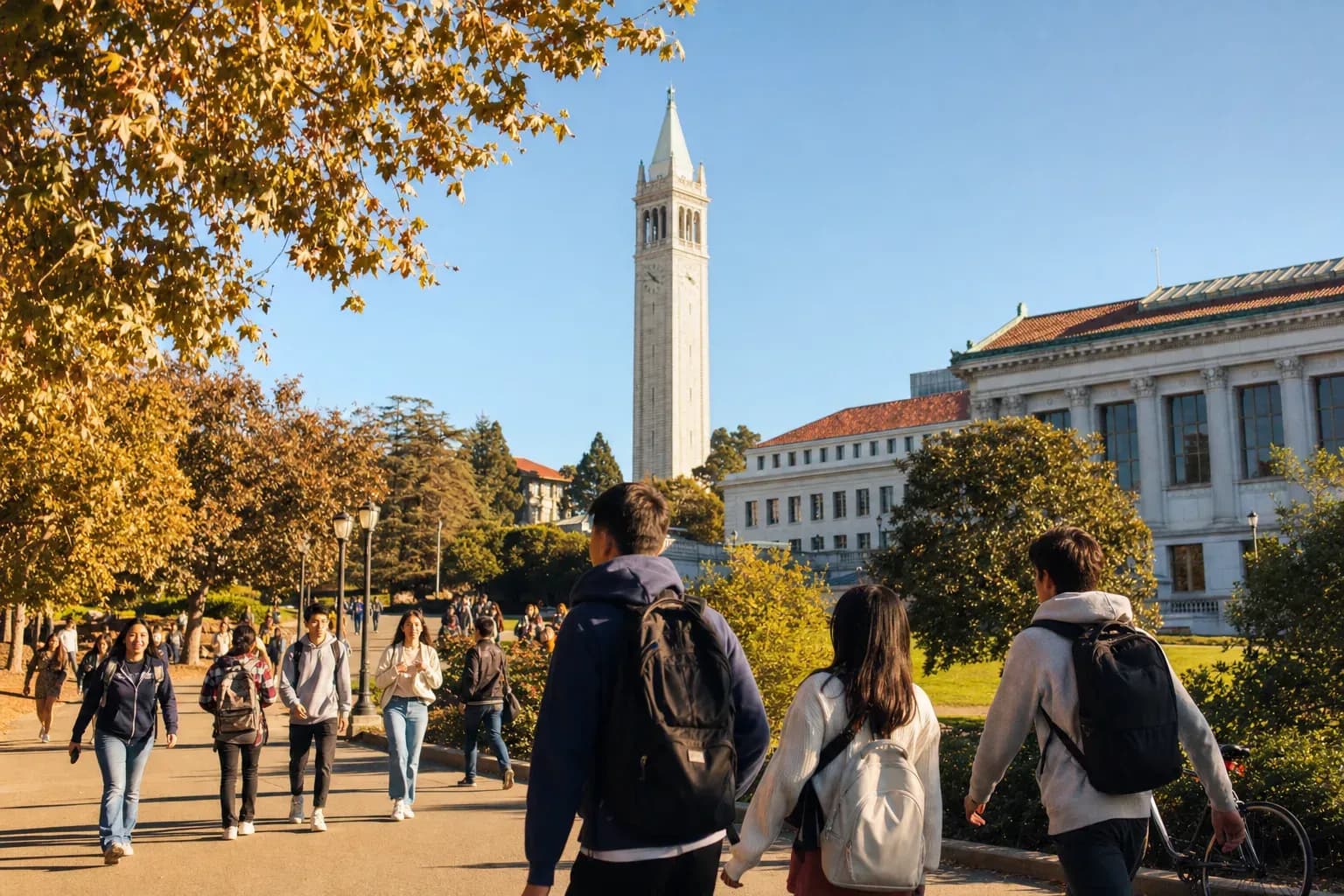 UC Berkeley 加州大學柏克萊分校的寫實校園景緻，學生在建築前漫步