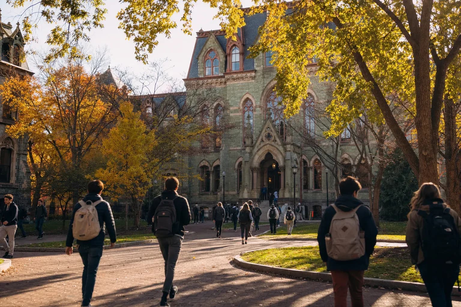 University of Pennsylvania 賓州大學的寫實校園景緻，學生在建築前漫步