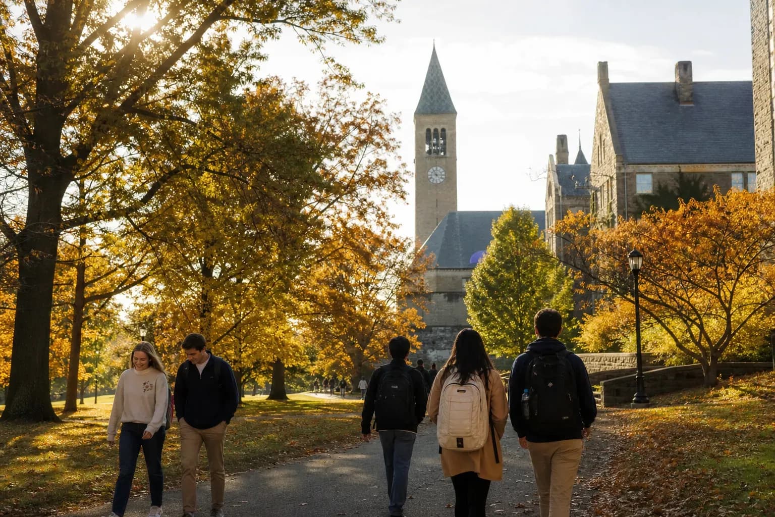 Cornell University 康乃爾大學的寫實校園景緻,學生在建築前漫步