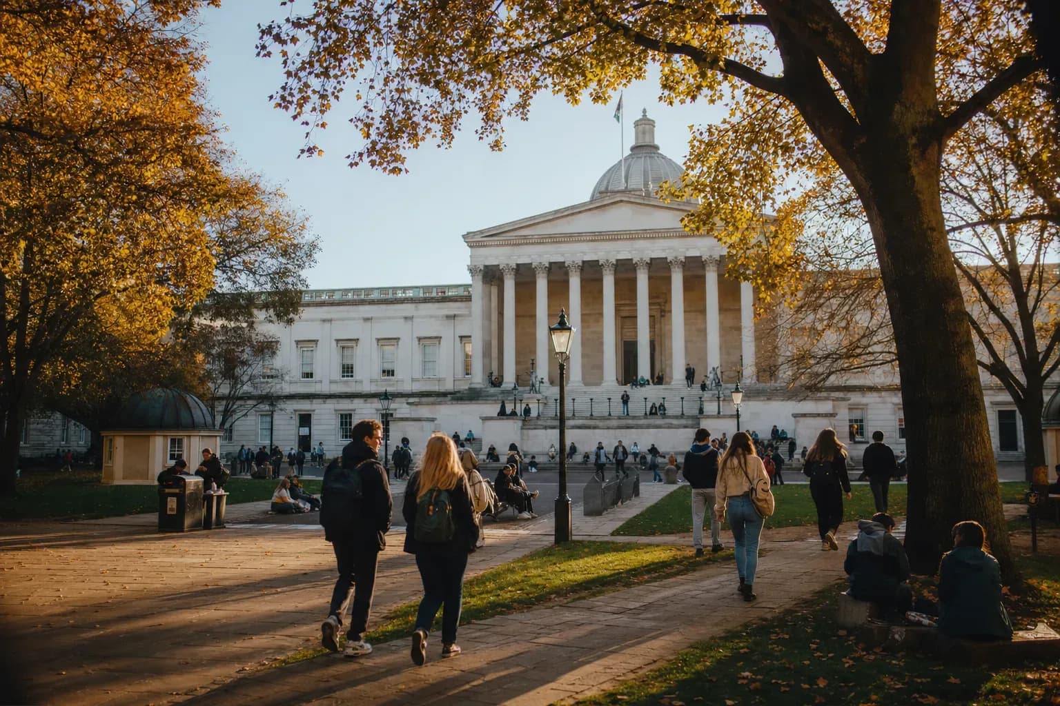University College London (UCL) 倫敦大學學院的寫實校園景緻,學生在建築前漫步